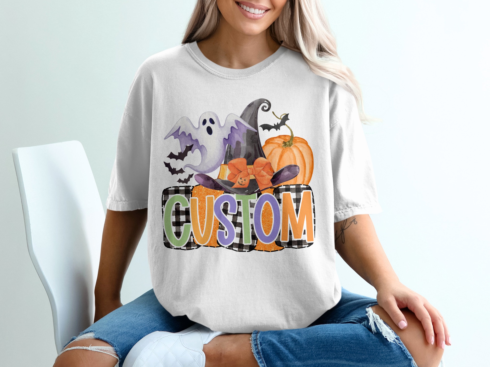 Custom Halloween T Shirt, Spooky Season Shirt, Personalized Ghost Shirt, Witch Hat Tee, Pumpkin Tshirt, Autumn Fall Festival Shirt