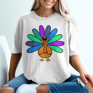 Colorful Turkey T-Shirt, Thanksgiving Tee, Cartoon Turkey Shirt, Fall Apparel, Holiday Gift, Cute Turkey Design, Festive Outfit