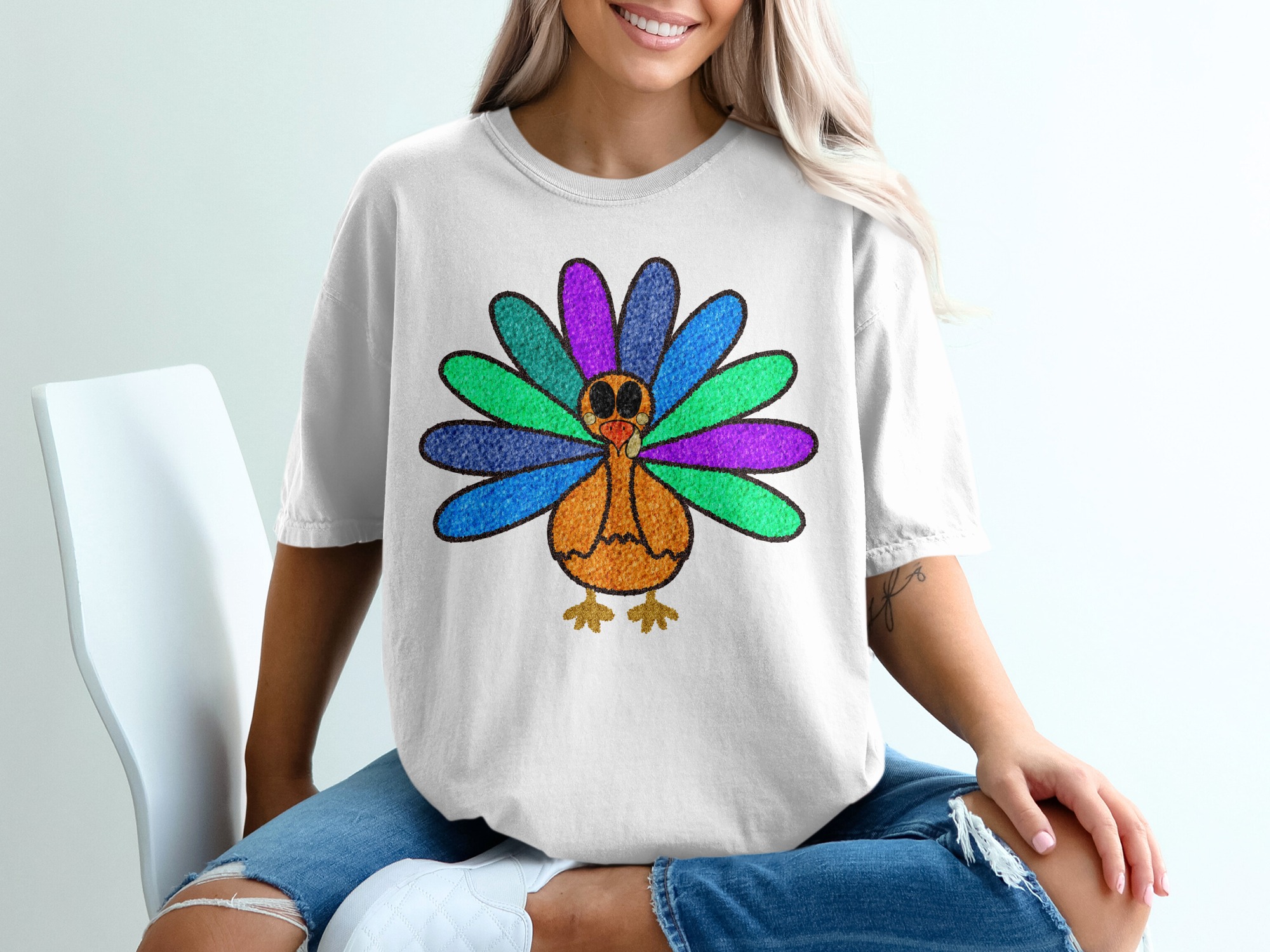 Colorful Turkey T-Shirt, Thanksgiving Tee, Cartoon Turkey Shirt, Fall Apparel, Holiday Gift, Cute Turkey Design, Festive Outfit