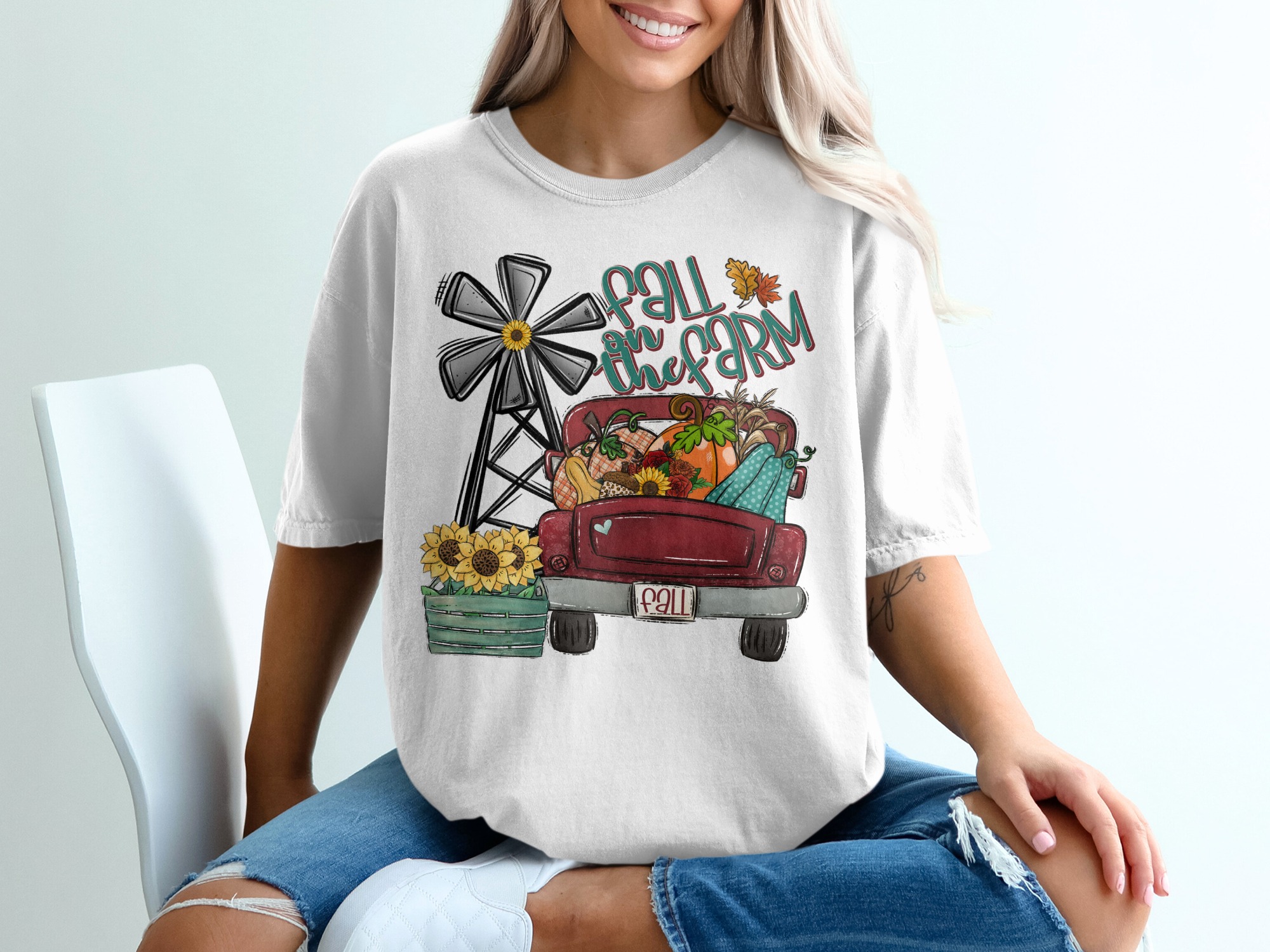 Fall On The Farm T-Shirt, Pumpkin Truck Tee, Autumn Windmill Shirt, Harvest T Shirt, Thanksgiving Tshirt, Country Farmhouse Shirt