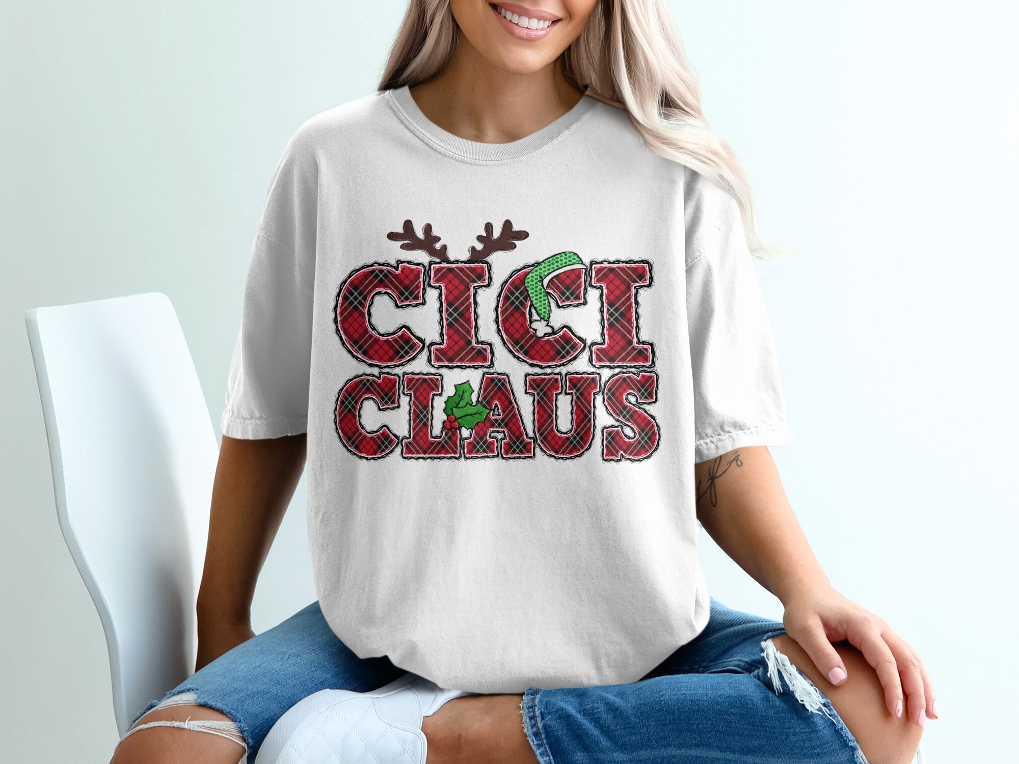 Gigi Claus Christmas T-Shirt, Reindeer Antlers, Holiday Grandma, Festive Family Outfit, Plaid TShirt, Gigi Christmas Gift Tee