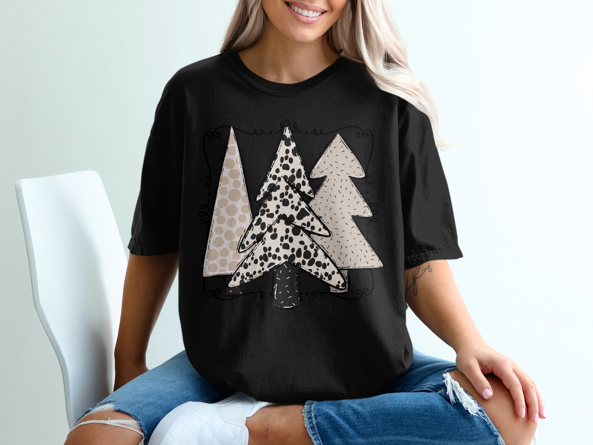 Trendy Christmas Trees T-Shirt, Fun Holiday Tee, Boho Xmas Gift, Unique Tree Design, Festive T Shirt, Holiday T Shirts - Image 2