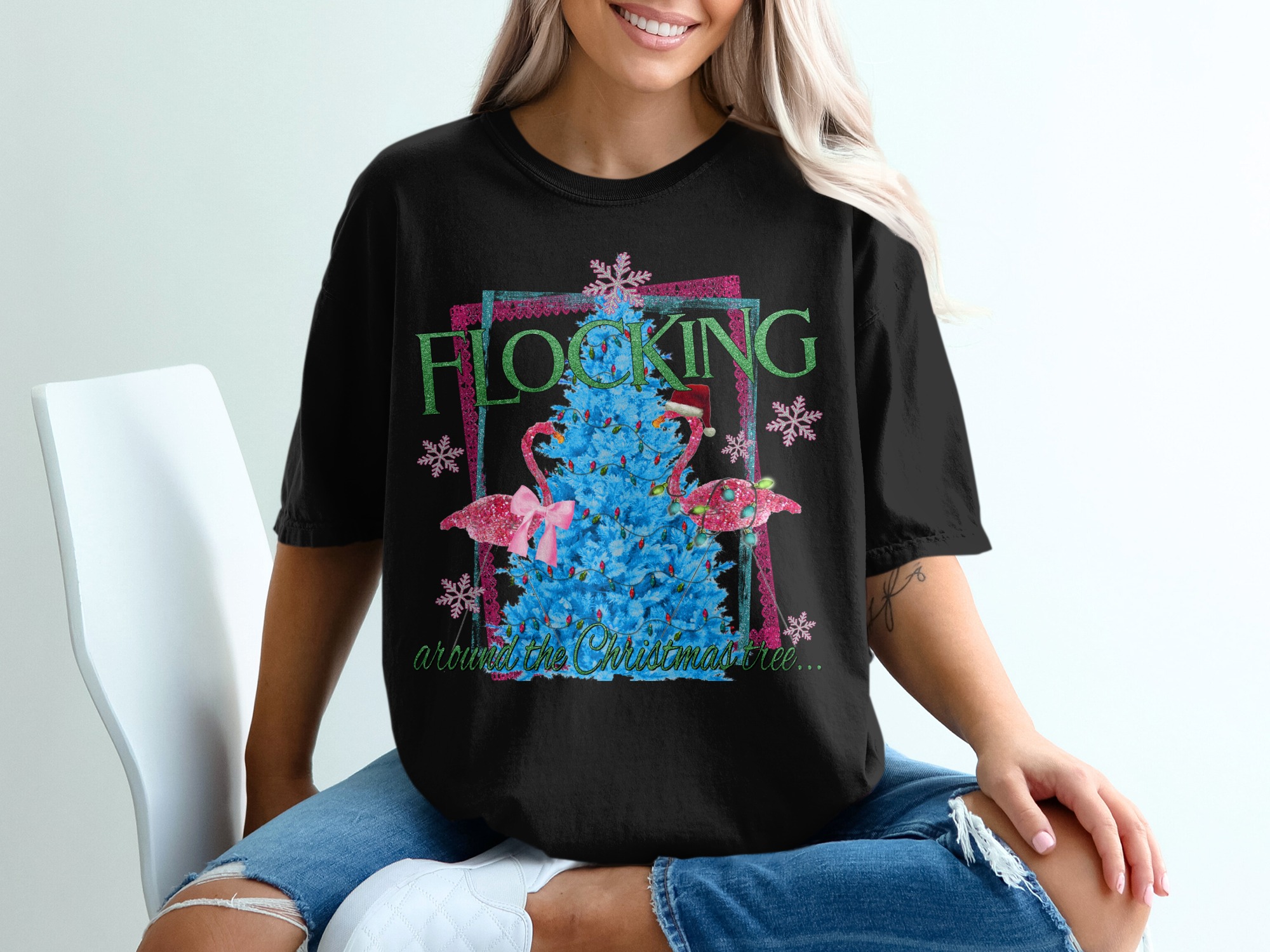 Flocking Around Christmas Tree T-Shirt, Flamingo Tee, Holiday Shirt, Festive Apparel, Funny Christmas T-Shirt, Xmas Gift Idea - Image 2