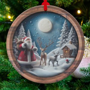 Santa Claus Ornament, Reindeer Scene Ornament, Holiday Decor Ornament, Christmas Gift Ornament, Winter Wonderland Ornament