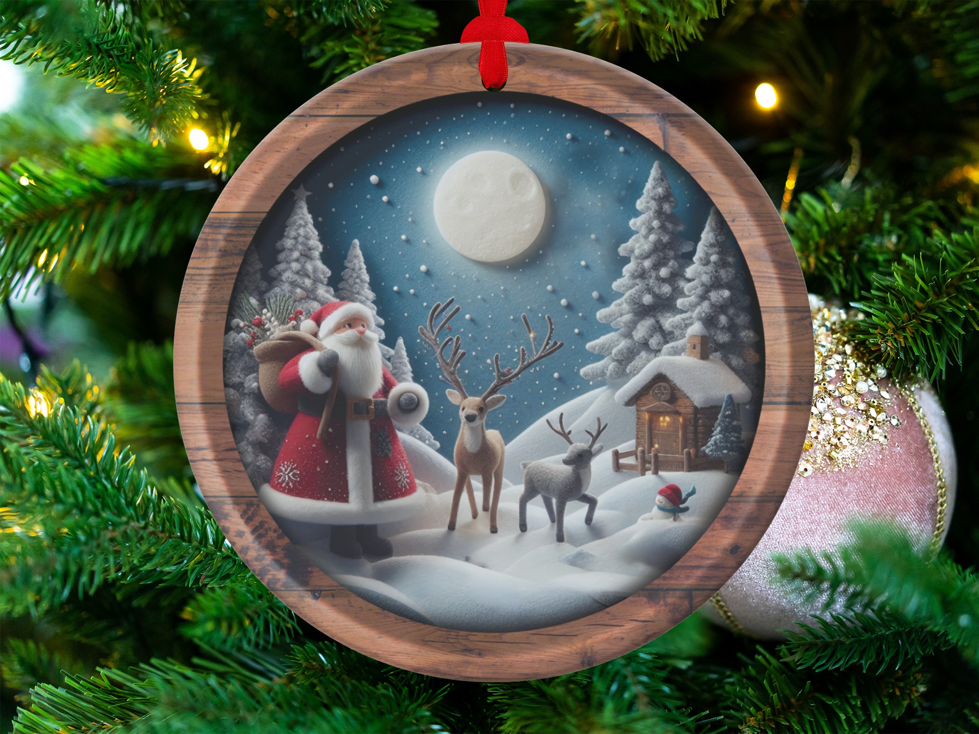 Santa Claus Ornament, Reindeer Scene Ornament, Holiday Decor Ornament, Christmas Gift Ornament, Winter Wonderland Ornament