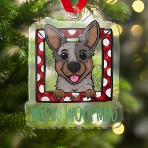 Merry Woofmas Christmas Ornament, Cute Dog Christmas Decoration, Puppy Dog Holiday Decor, Red Plaid with Polka Dots Ornament
