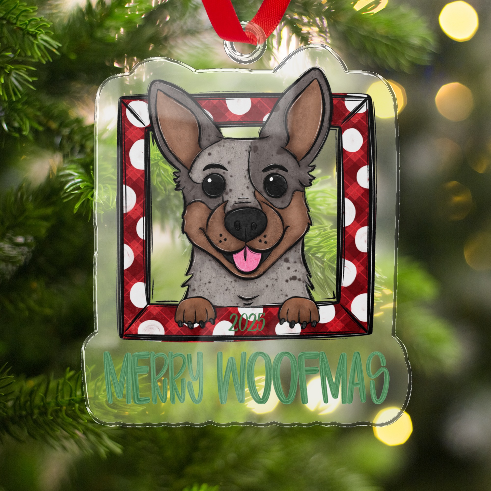 Merry Woofmas Christmas Ornament, Cute Dog Christmas Decoration, Puppy Dog Holiday Decor, Red Plaid with Polka Dots Ornament