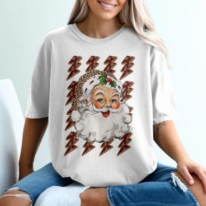 Retro Santa T-Shirt, Leopard Hat, Christmas T-Shirt, Lightning Bolts, Vintage Santa Tee, Holiday Outfit, Festive Top, Unique Santa Shirt