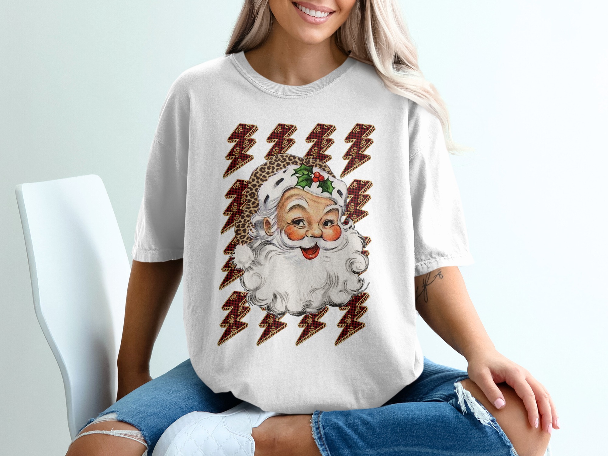 Retro Santa T-Shirt, Leopard Hat, Christmas T-Shirt, Lightning Bolts, Vintage Santa Tee, Holiday Outfit, Festive Top, Unique Santa Shirt