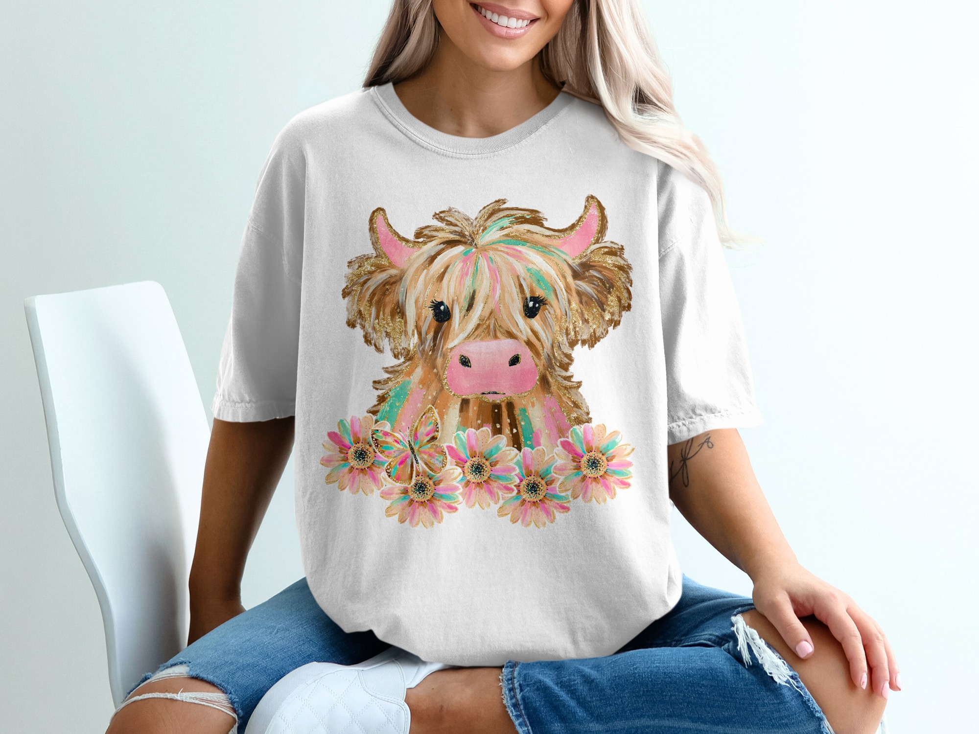 Highland Cow T-Shirt, Cute Cow Shirt, Floral Cow Tee, Butterfly Cow Design, Trendy Animal T-Shirt, Gift for Cow Lovers