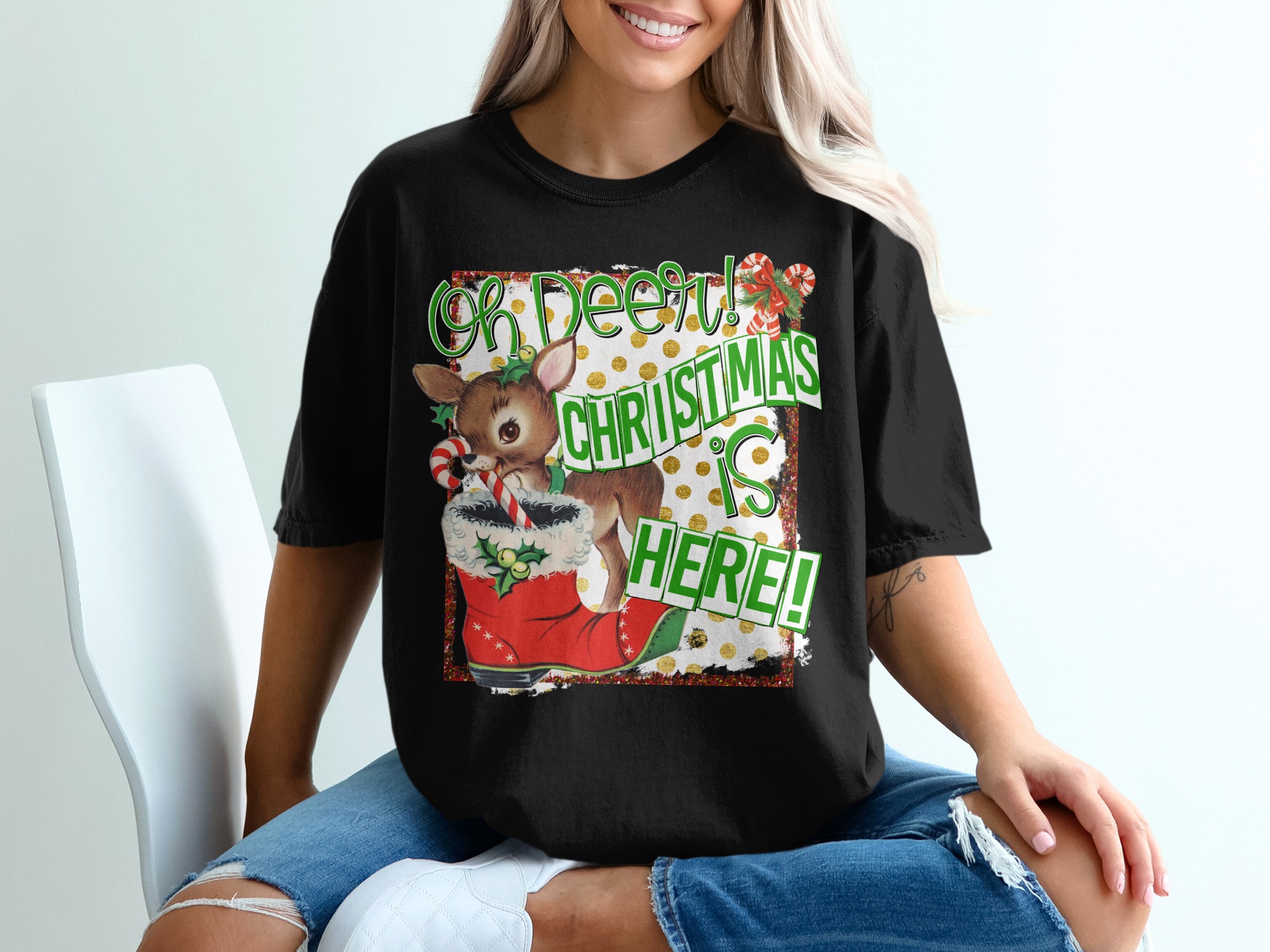 Oh Deer Christmas T-Shirt, Reindeer Tee, Christmas is Here Shirt, Festive T-Shirt, Holiday Apparel, Cute Reindeer T-Shirt, Winter Tee - Image 2