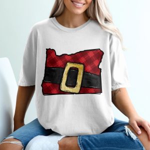 Oregon Plaid Santa Belt T-Shirt, Christmas T-Shirt, Holiday T-Shirt, Xmas Gift Idea, State Pride Shirt, Oregon Gift, Festive T-Shirt