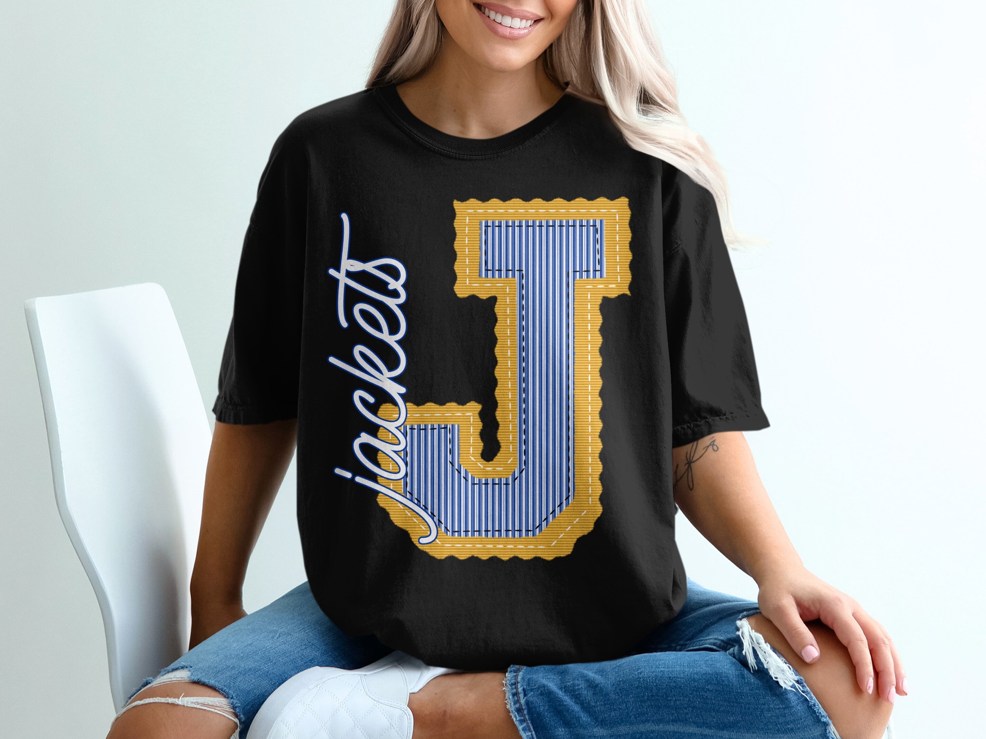 Jacket T-Shirt, Varsity Letter J Mascot, Seersucker Striped, Custom Colors, Change Your Colors, Personalized T-Shirt - Image 2