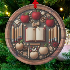 Teacher Ornament, Apple Ornament, School Ornament, Book Ornament, Wood Ornament, Teacher Gift, Back to School Gift, Book Lover Gift