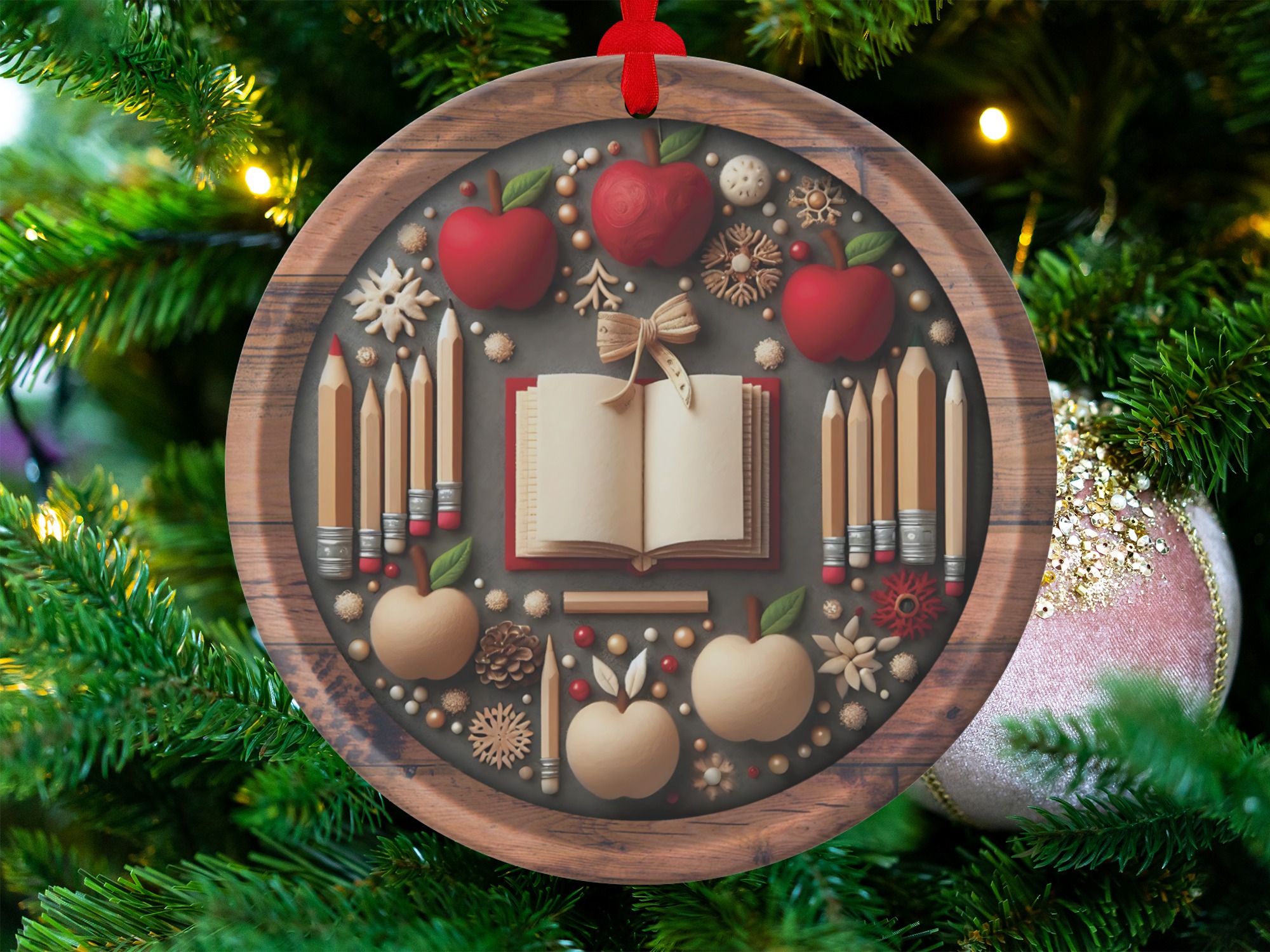 Teacher Ornament, Apple Ornament, School Ornament, Book Ornament, Wood Ornament, Teacher Gift, Back to School Gift, Book Lover Gift