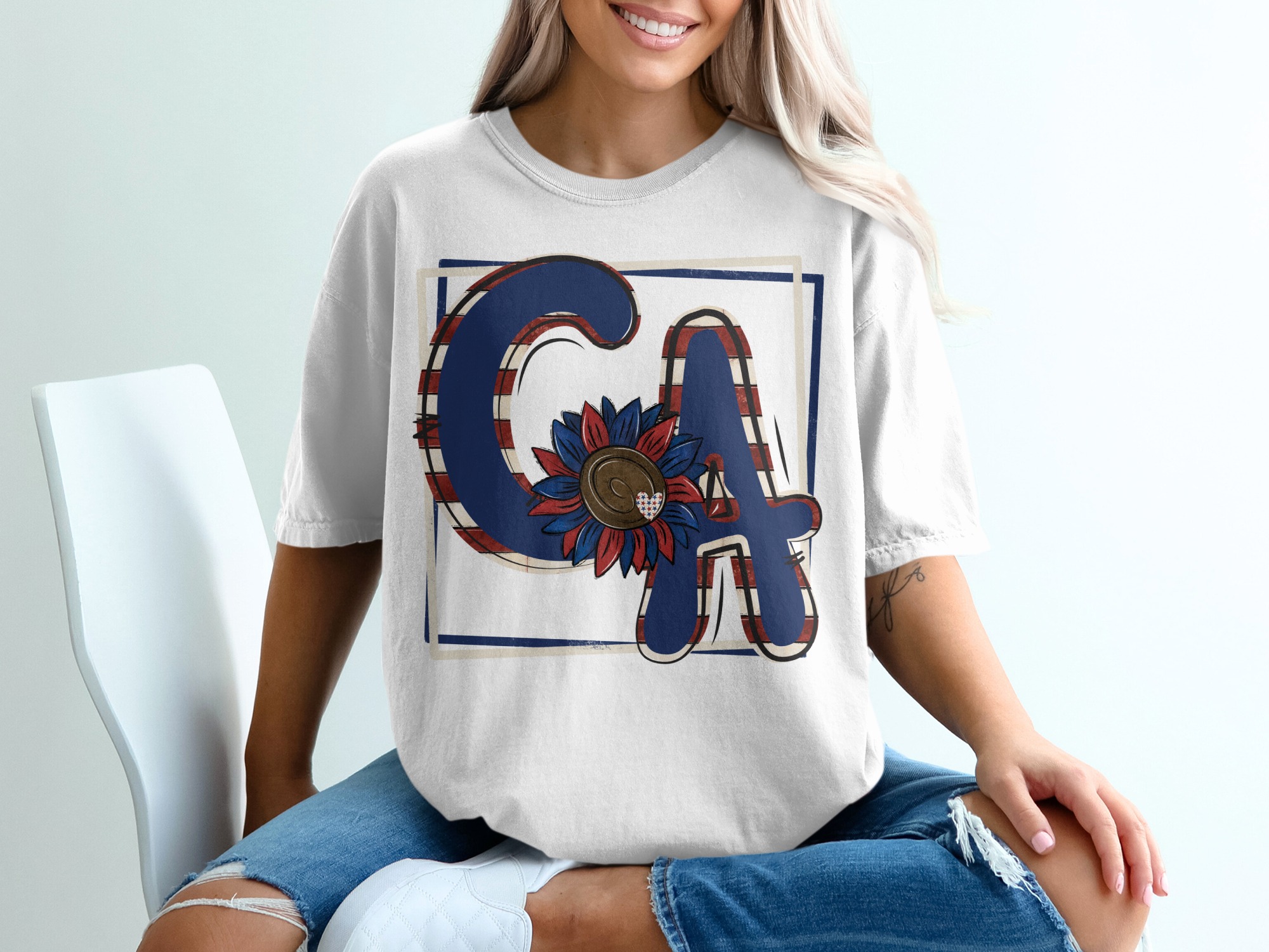 CA Sunflower T-Shirt, California Patriotic Tee, USA Pride Shirt, State Flower Art, Cute Summer TShirt, Patriotic Flower CA Design