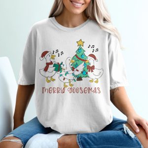 Merry Goosemas T-Shirt, Christmas Geese, Funny Holiday Tee, Cute Bird Shirt, Caroling Ducks, Xmas Tree Apparel, Festive T Shirt Design