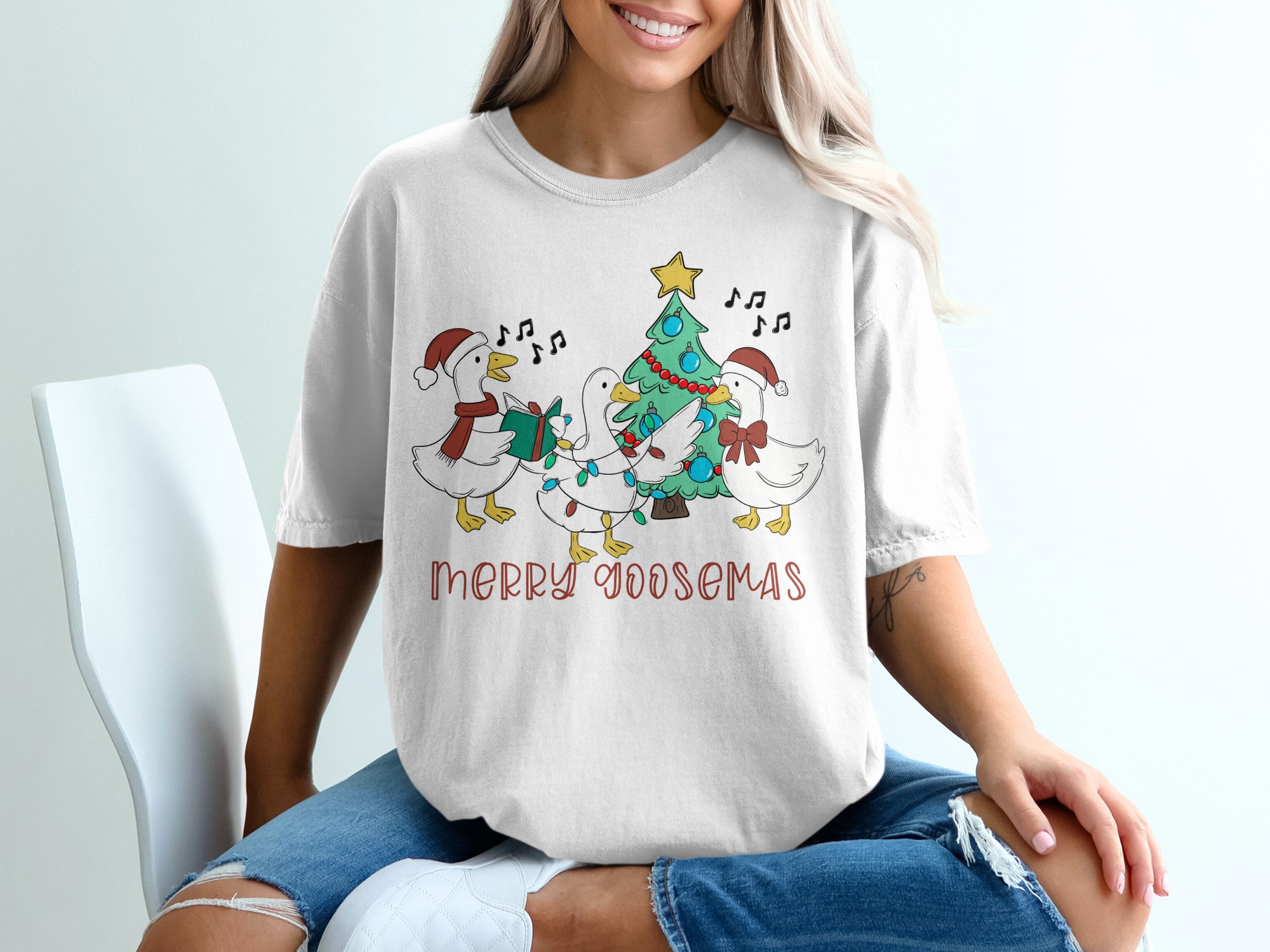Merry Goosemas T-Shirt, Christmas Geese, Funny Holiday Tee, Cute Bird Shirt, Caroling Ducks, Xmas Tree Apparel, Festive T Shirt Design