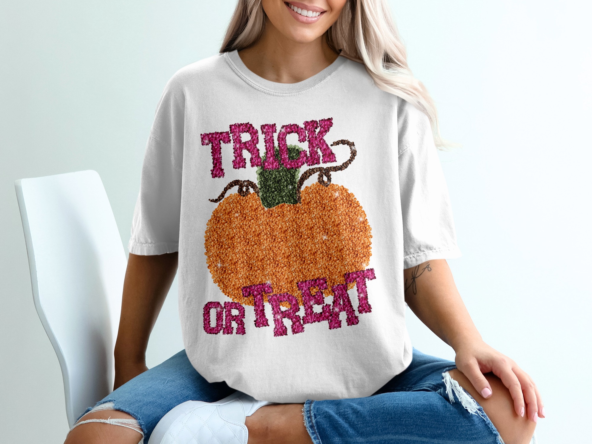Trick or Treat T-Shirt, Sparkling Pumpkin, Halloween T-Shirt, Fall T-Shirt, Autumn T-Shirt, Spooky Season, Festive Top