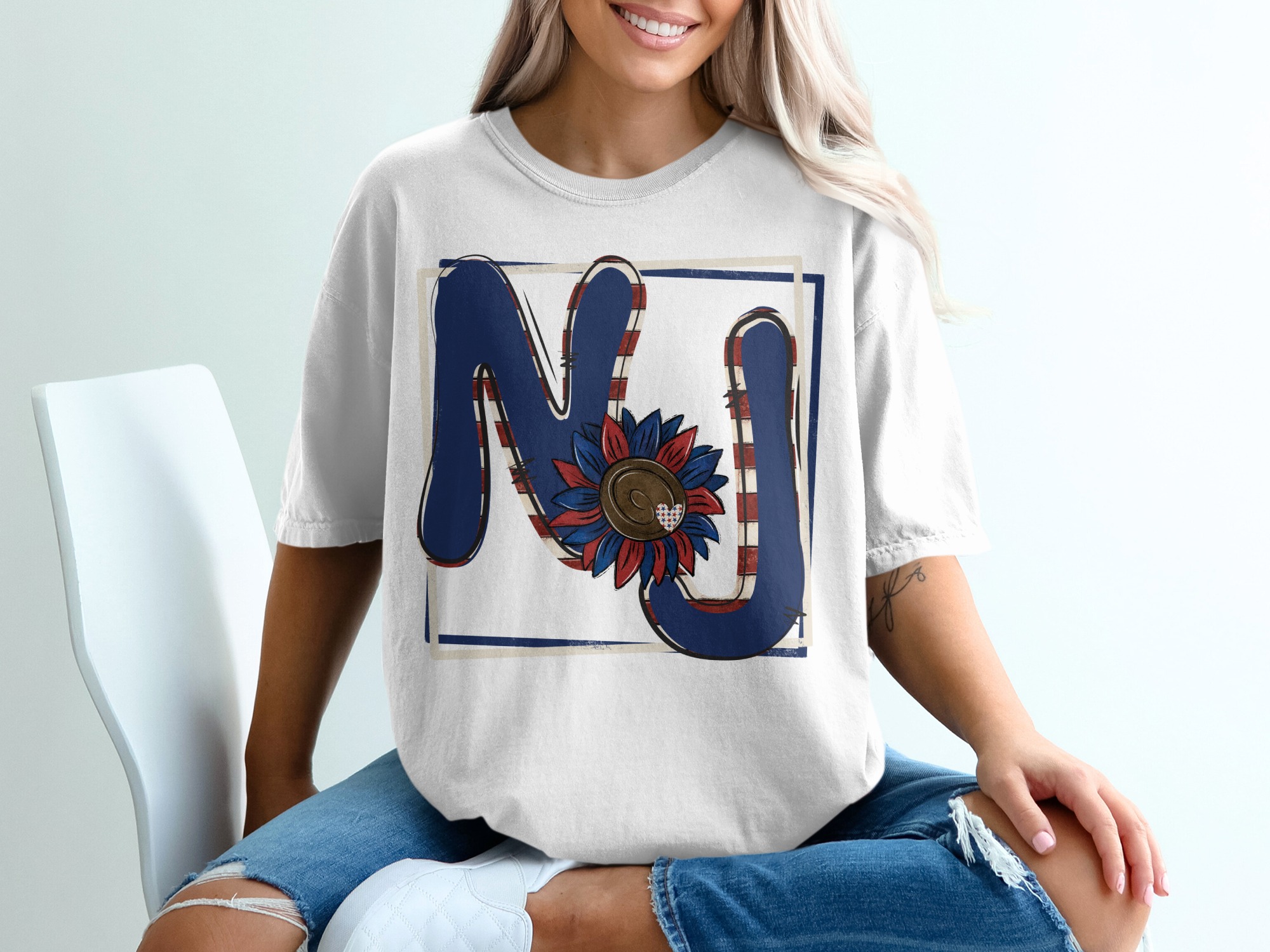 NJ Sunflower Patriotic T Shirt Design, America Flag Letters Tee, New Jersey State Pride Shirt, USA Heart Decor, Gift Idea T-Shirt