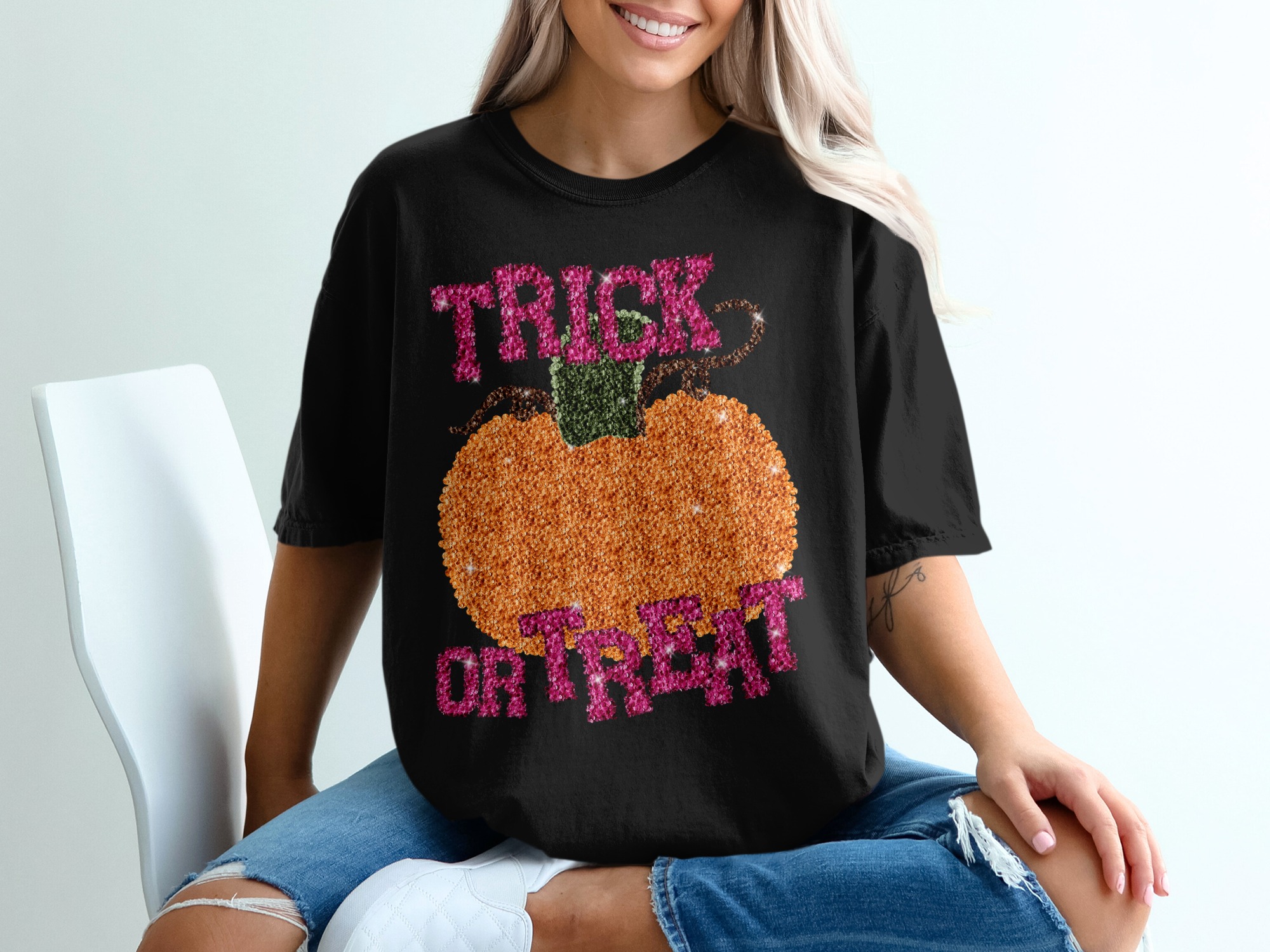Trick or Treat T-Shirt, Sparkling Pumpkin, Halloween T-Shirt, Fall T-Shirt, Autumn T-Shirt, Spooky Season, Festive Top - Image 2