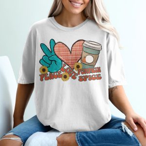 Peace Love Pumpkin Spice T Shirt, Fall Season Tee, Autumn Vibes Shirt, Trendy Thanksgiving Shirt, Coffee Lover Gift, Holiday Shirt