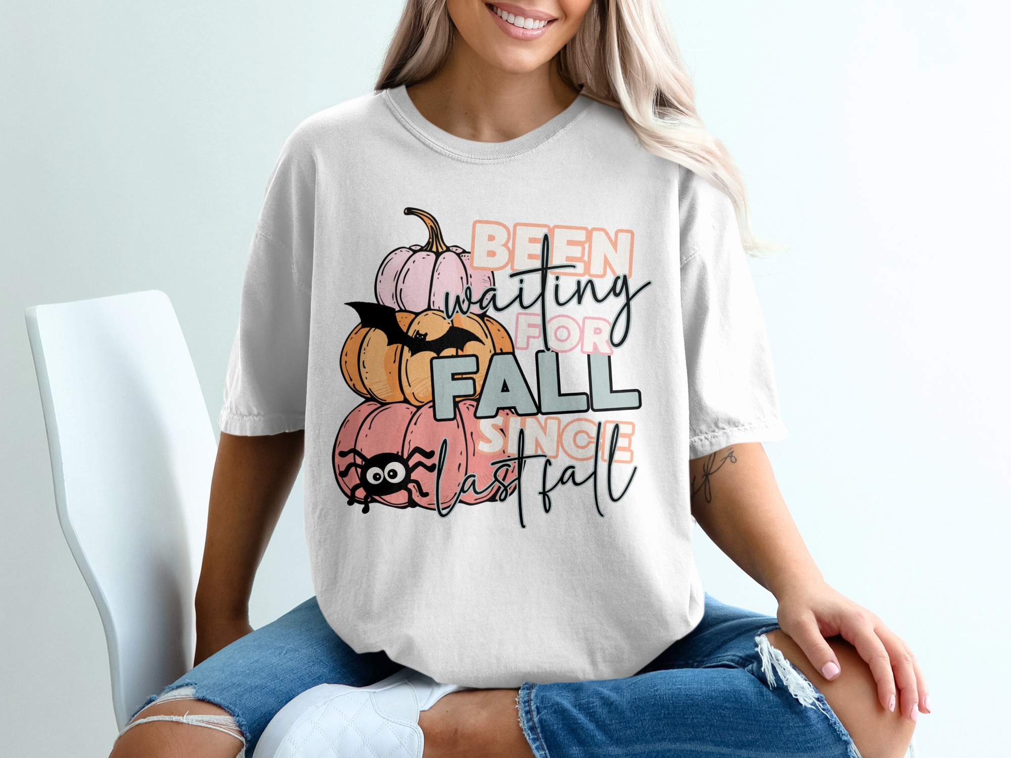 Waiting for Fall T-Shirt, Cute Pumpkin T-Shirt, Fall Lover Shirt, Halloween T-Shirt, Autumn Shirt, Spooky Season Tee, Bat and Spider Shirt