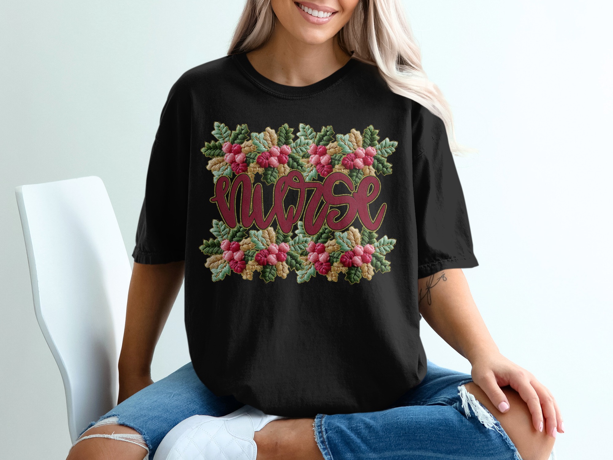 Floral Wreath with Nurse Text Design Graphic T-Shirt, faux yarn - Image 2