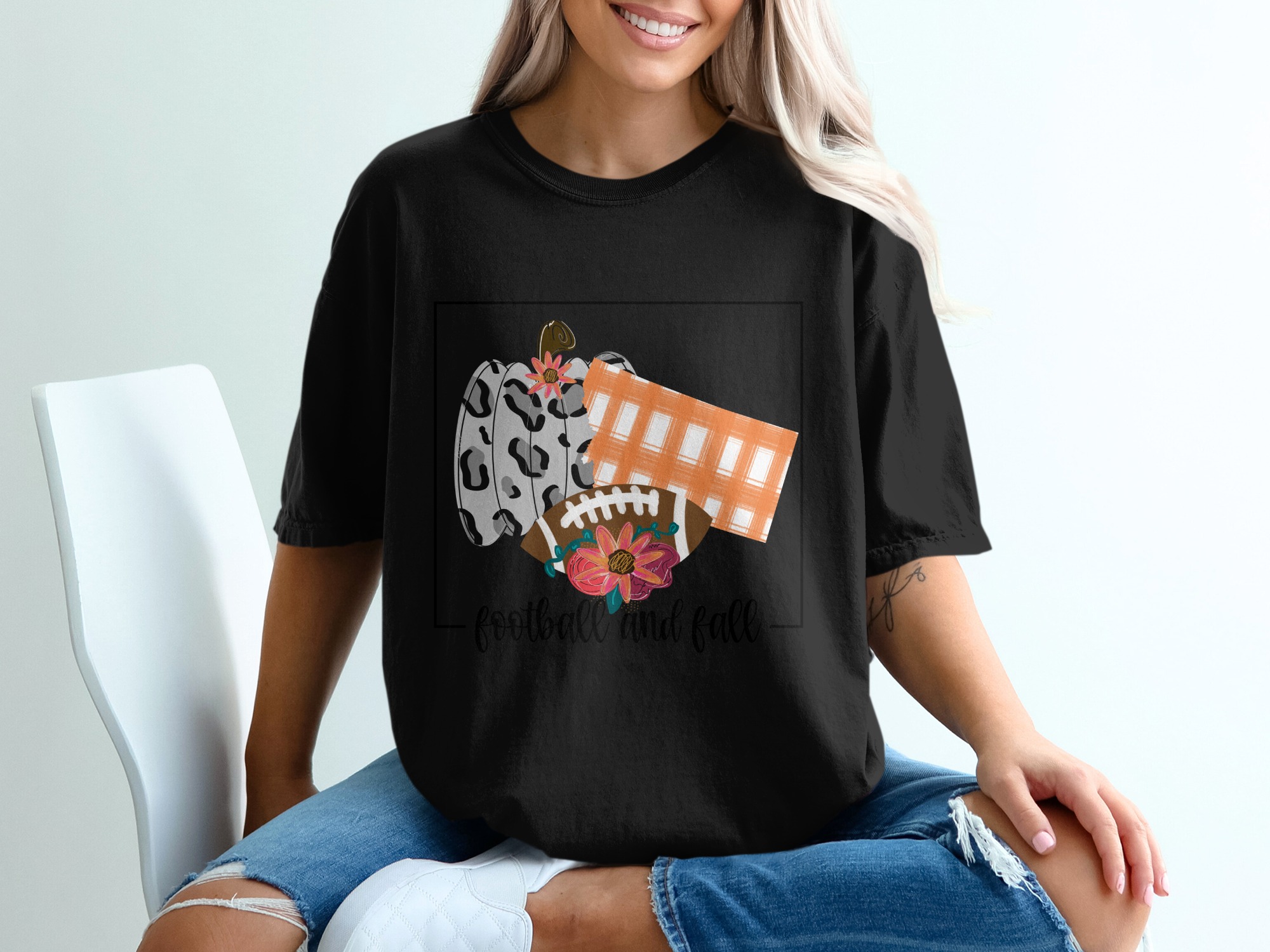 Football And Fall T-Shirt, Autumn Shirt, Thanksgiving Shirt, Floral Football Shirt, Leopard Pumpkin Tee, Fall Vibes T-Shirt, Trendy Shirt - Image 2