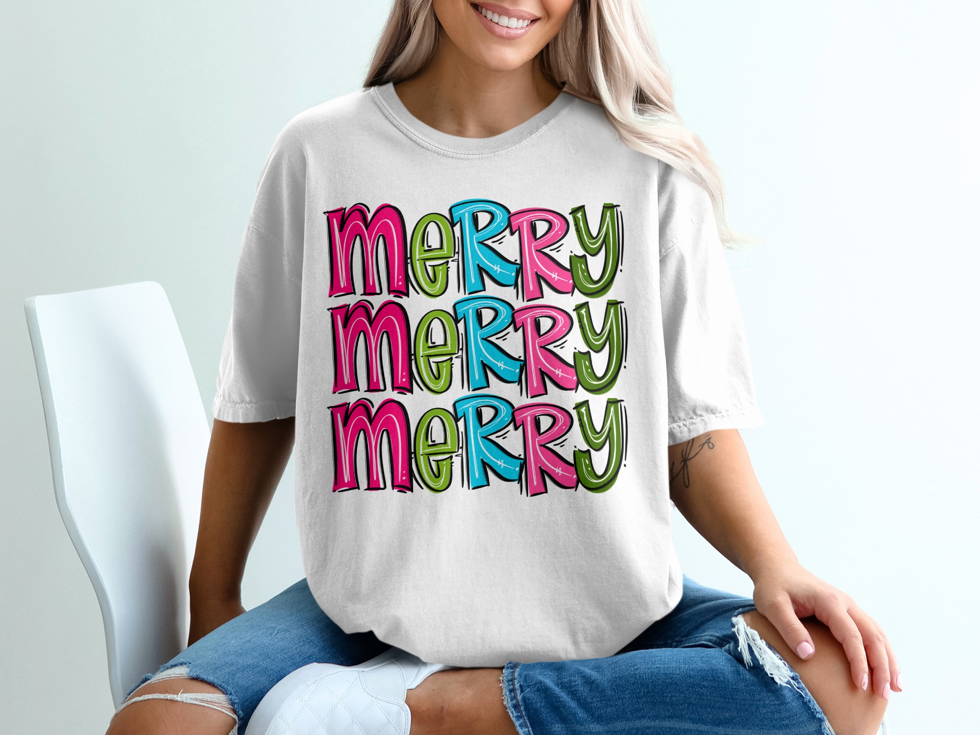 Merry T-Shirt, Colorful Christmas Shirt, Holiday Cheer T Shirt, Festive Merry Design Tee, Fun Xmas Gift Tee, Bright Christmas Apparel
