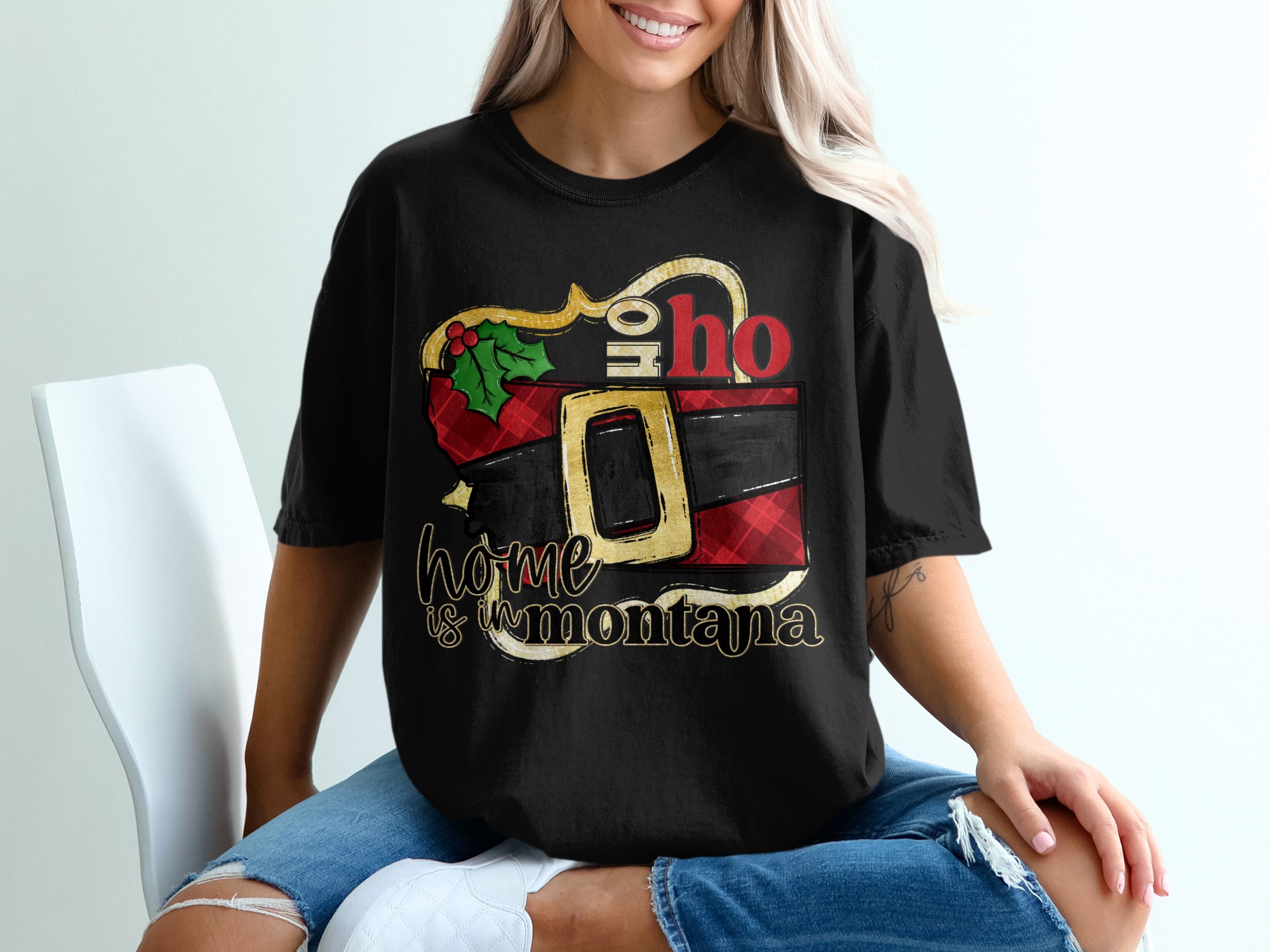 Home is in Montana T-Shirt, Ho Ho Ho Montana Tee, Christmas Montana Shirt, Santa Belt Montana T-Shirt, Montana Holiday Gift Shirt - Image 2