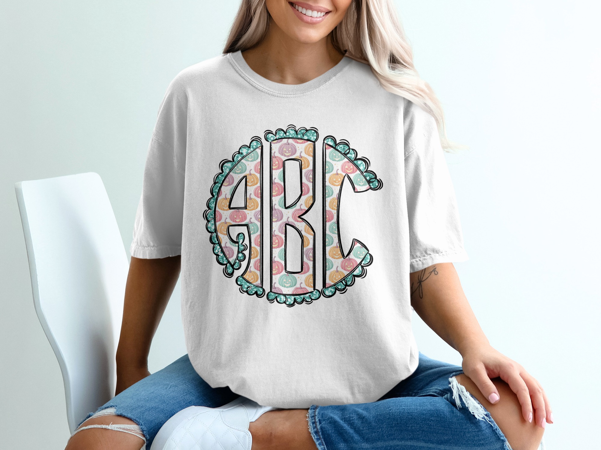 Pumpkin Monogram T-Shirt, Fall Monogram Shirt, Halloween Initials Tee, Autumn Clothing, Custom T Shirt, Spooky Season Shirt