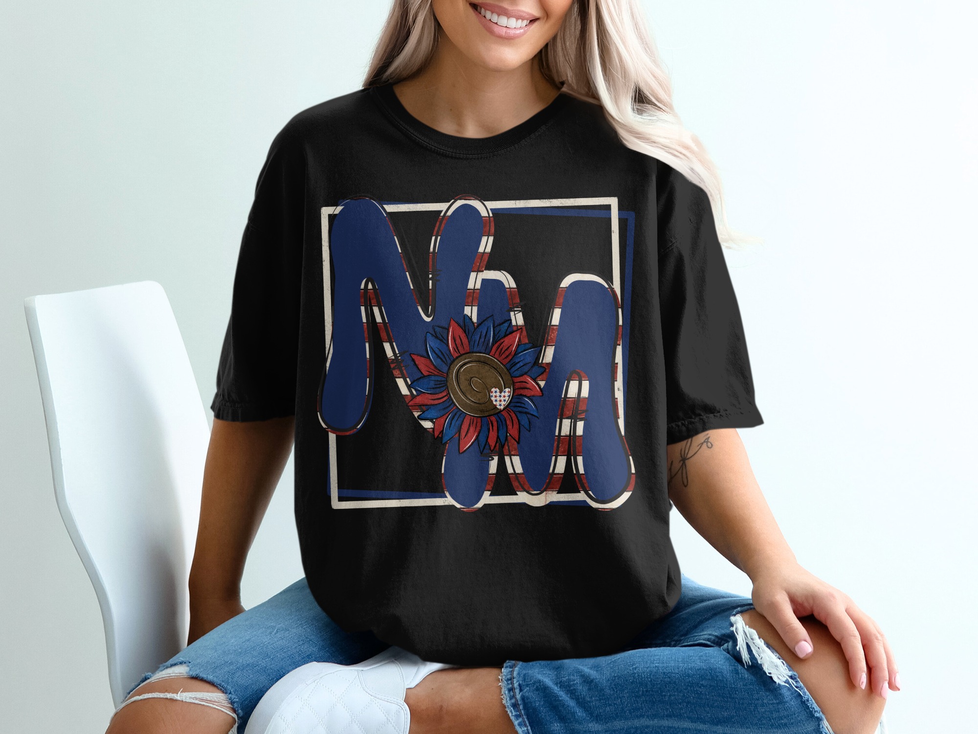 Patriotic M T Shirt, Letter M Sunflower Tee, USA Flag Inspired Shirt, 4th of July Shirt, American Flag Sunflower T-Shirt - Image 2