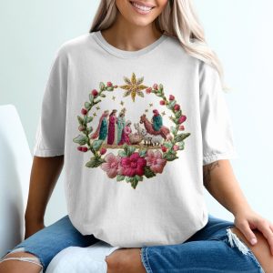Embroidered Nativity Floral Wreath Christmas Scene T-Shirt, faux yarn