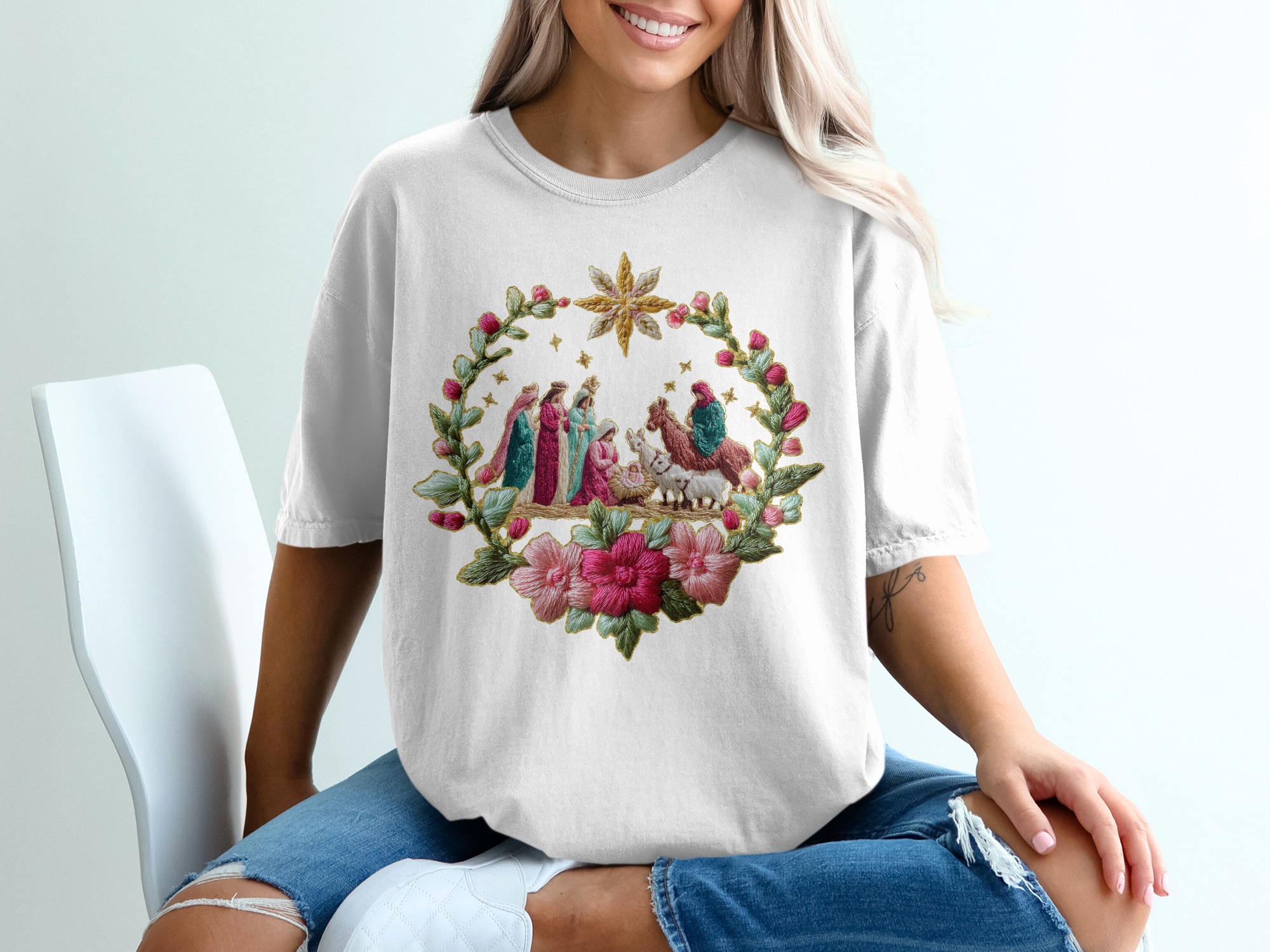 Embroidered Nativity Floral Wreath Christmas Scene T-Shirt, faux yarn