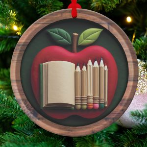 Apple Ornament, Back To School Ornament, Teacher Ornament, Book Ornament, Education Ornament, Wooden Ornament