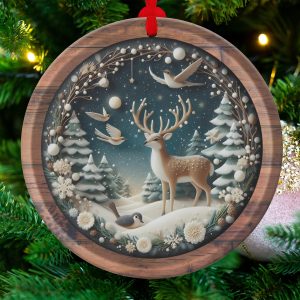 Winter Wonderland Ornament, Deer Ornament, Christmas Tree Decor, Holiday Ornament, Bird Ornament, Snowy Pine Tree Decor, Unique Ornament