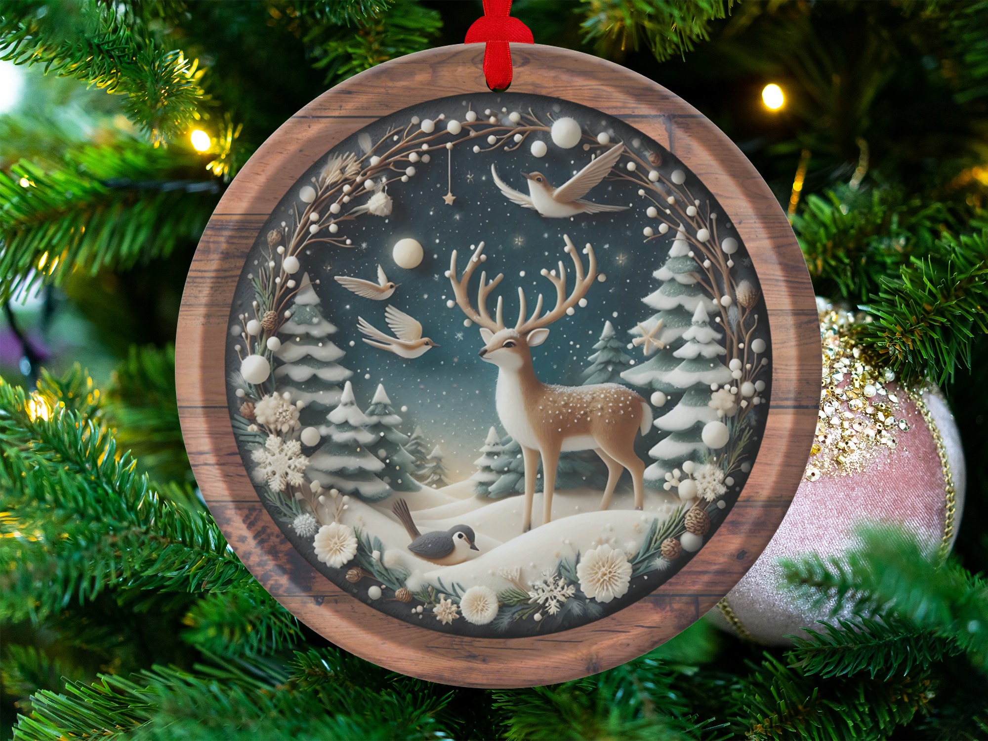Winter Wonderland Ornament, Deer Ornament, Christmas Tree Decor, Holiday Ornament, Bird Ornament, Snowy Pine Tree Decor, Unique Ornament