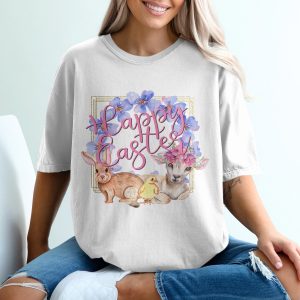 Happy Easter T-Shirt, Floral Easter T-Shirt, Bunny Chick Lamb Shirt, Easter Animals Tee, Watercolor Holiday Shirt, Spring Easter Apparel