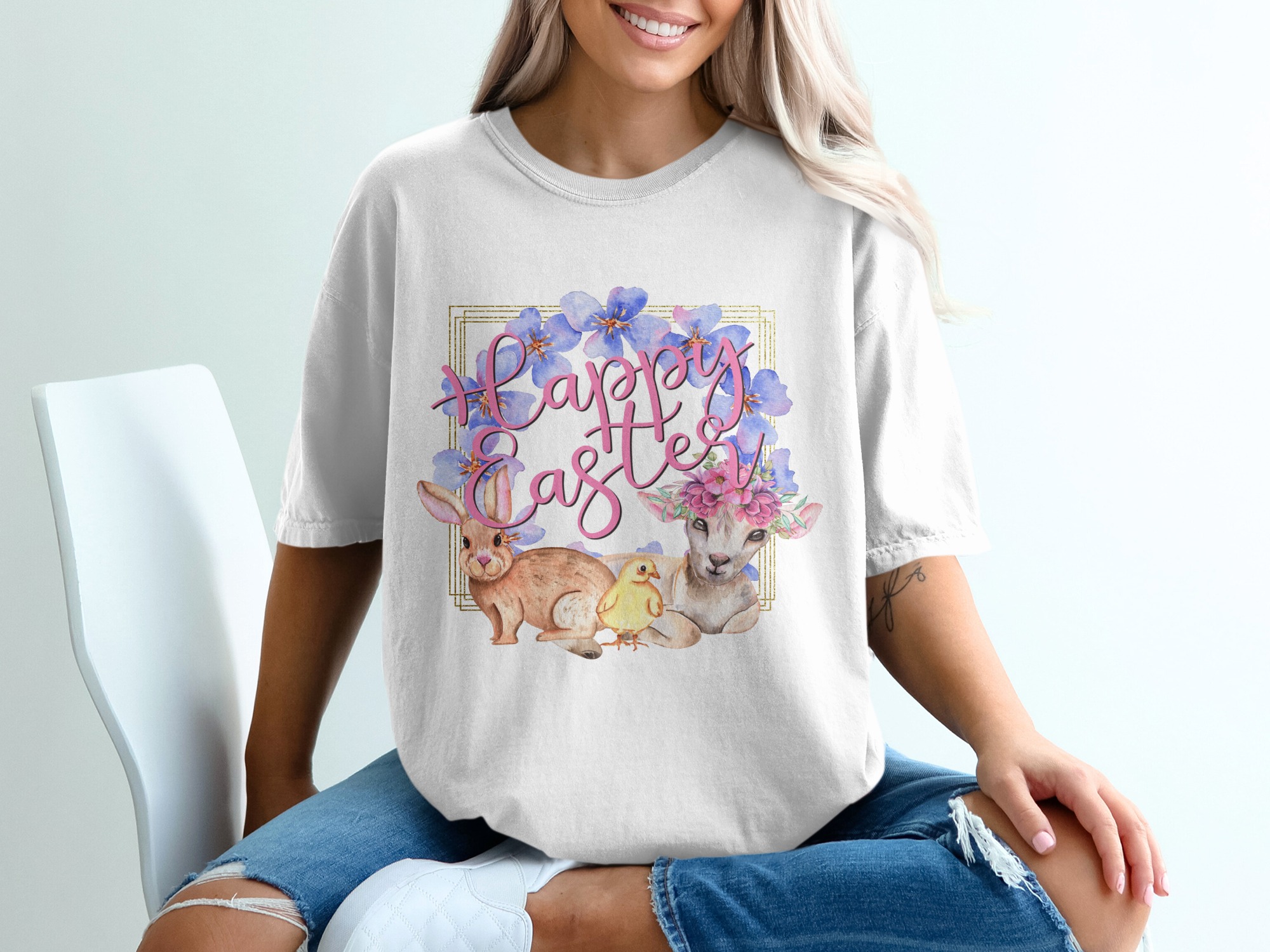 Happy Easter T-Shirt, Floral Easter T-Shirt, Bunny Chick Lamb Shirt, Easter Animals Tee, Watercolor Holiday Shirt, Spring Easter Apparel