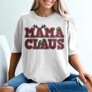 Mama Claus T-Shirt, Christmas T-Shirt, Plaid Christmas Shirt, Reindeer Antlers, Xmas Holly Shirt, Holiday Gift Idea, Gift For Mom