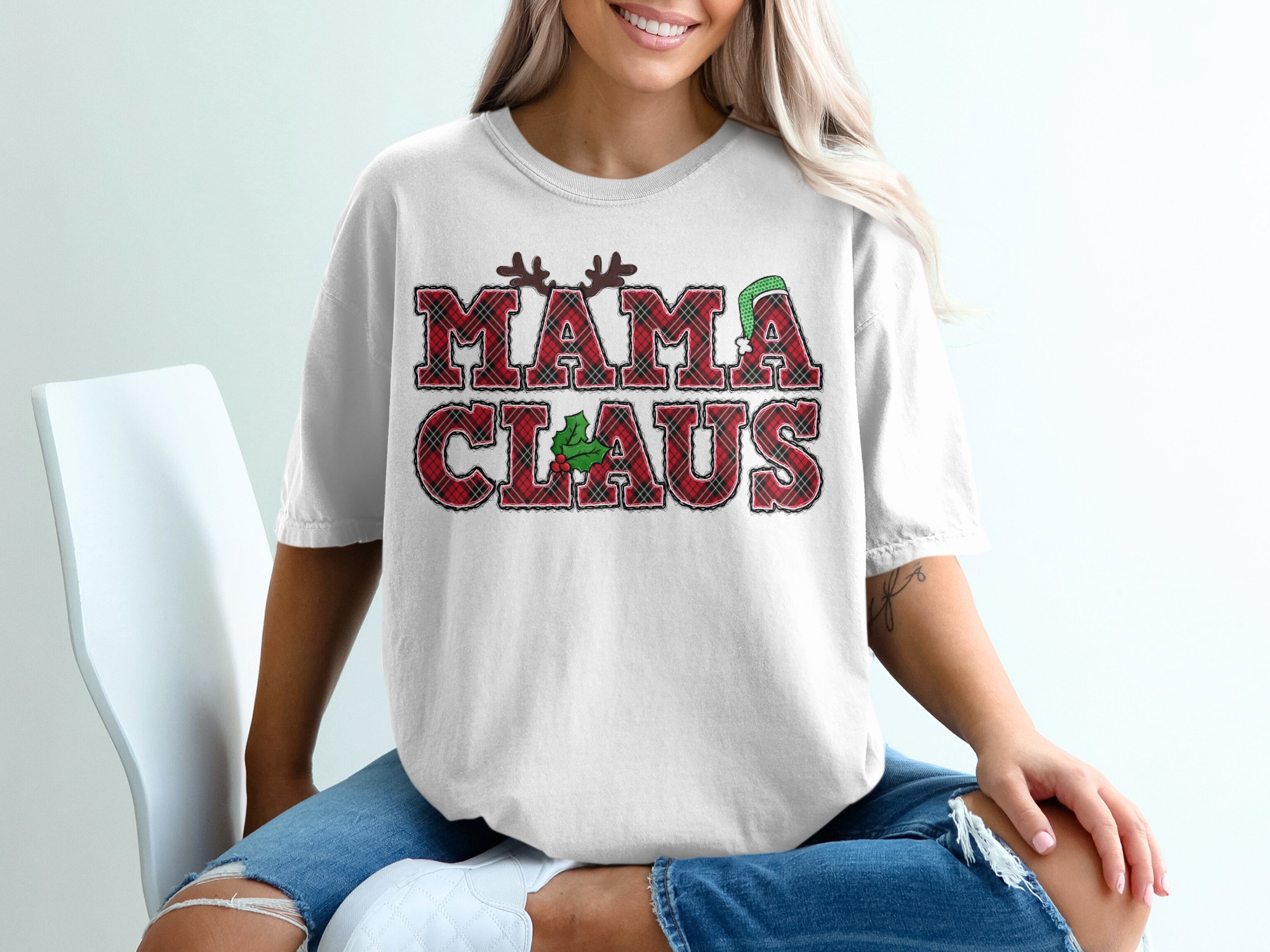 Mama Claus T-Shirt, Christmas T-Shirt, Plaid Christmas Shirt, Reindeer Antlers, Xmas Holly Shirt, Holiday Gift Idea, Gift For Mom