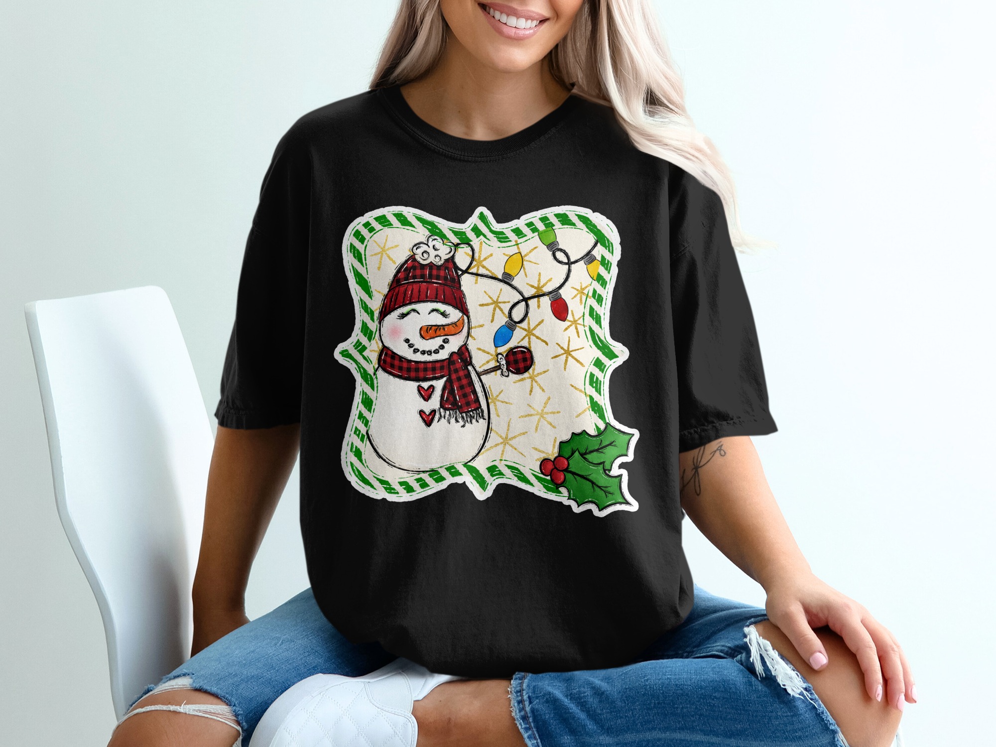 Cute Snowman T-Shirt, Buffalo Plaid, Christmas Lights, Festive Tee, Holiday Gift, Winter Apparel, Holiday Season T-Shirt - Image 2