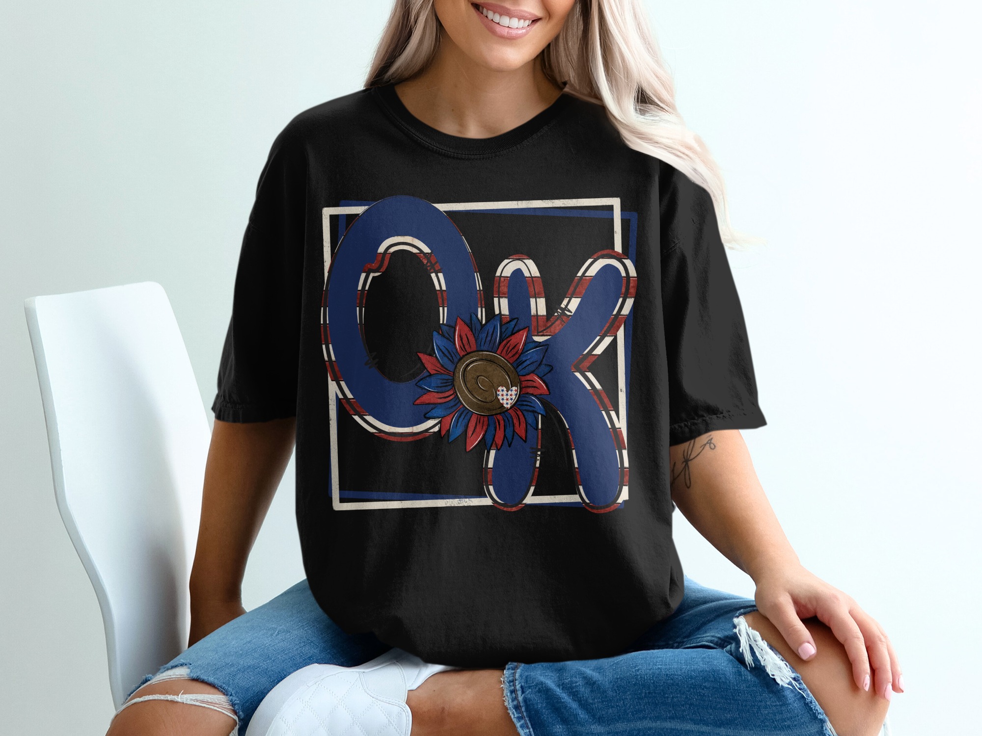 OK T-Shirt, Oklahoma State Tee, Patriotic Design Shirt, Sunflower Graphic Tee, Trendy T-Shirt, USA Colors, Heart T-Shirt, Gift T-Shirt - Image 2
