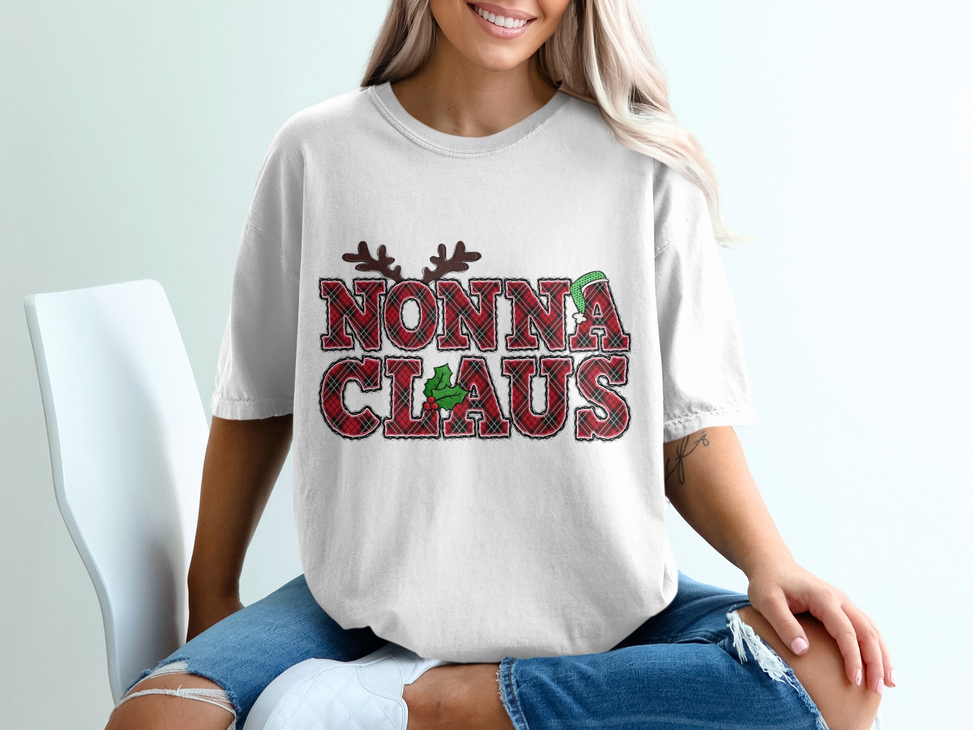 Nonna Claus Christmas T-Shirt, Plaid Letters Reindeer Antlers, Festive Grandmother Tee, Holiday Season Shirt, Cute Grandma Gift, Xmas Outfit