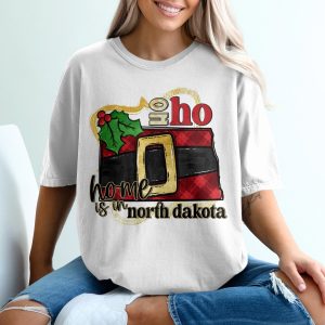 North Dakota Christmas T-Shirt, Home State Pride Tee, Holiday Gift, ND Santa Belt, Ho Ho Home, State Map, Holiday Tee