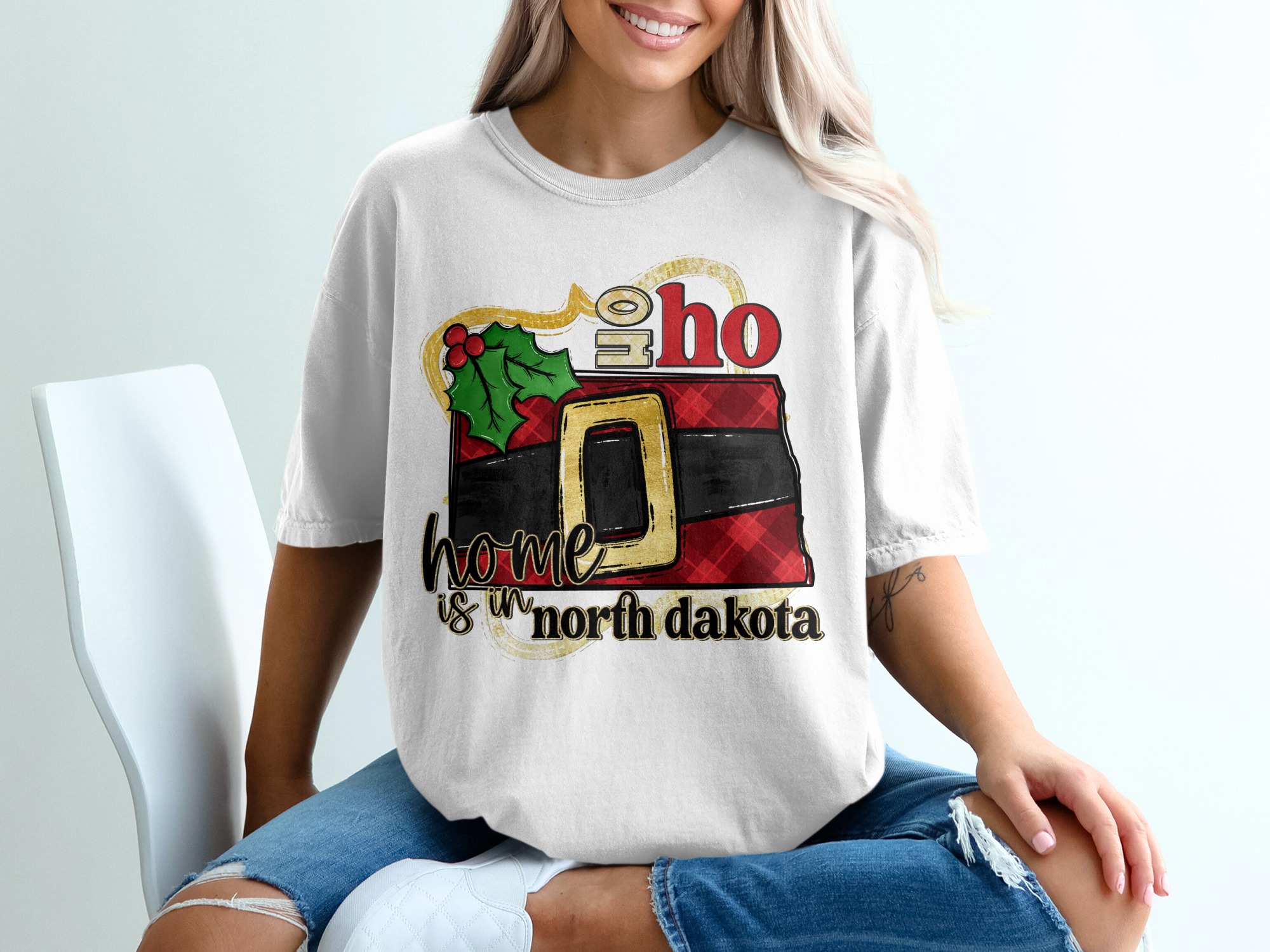North Dakota Christmas T-Shirt, Home State Pride Tee, Holiday Gift, ND Santa Belt, Ho Ho Home, State Map, Holiday Tee