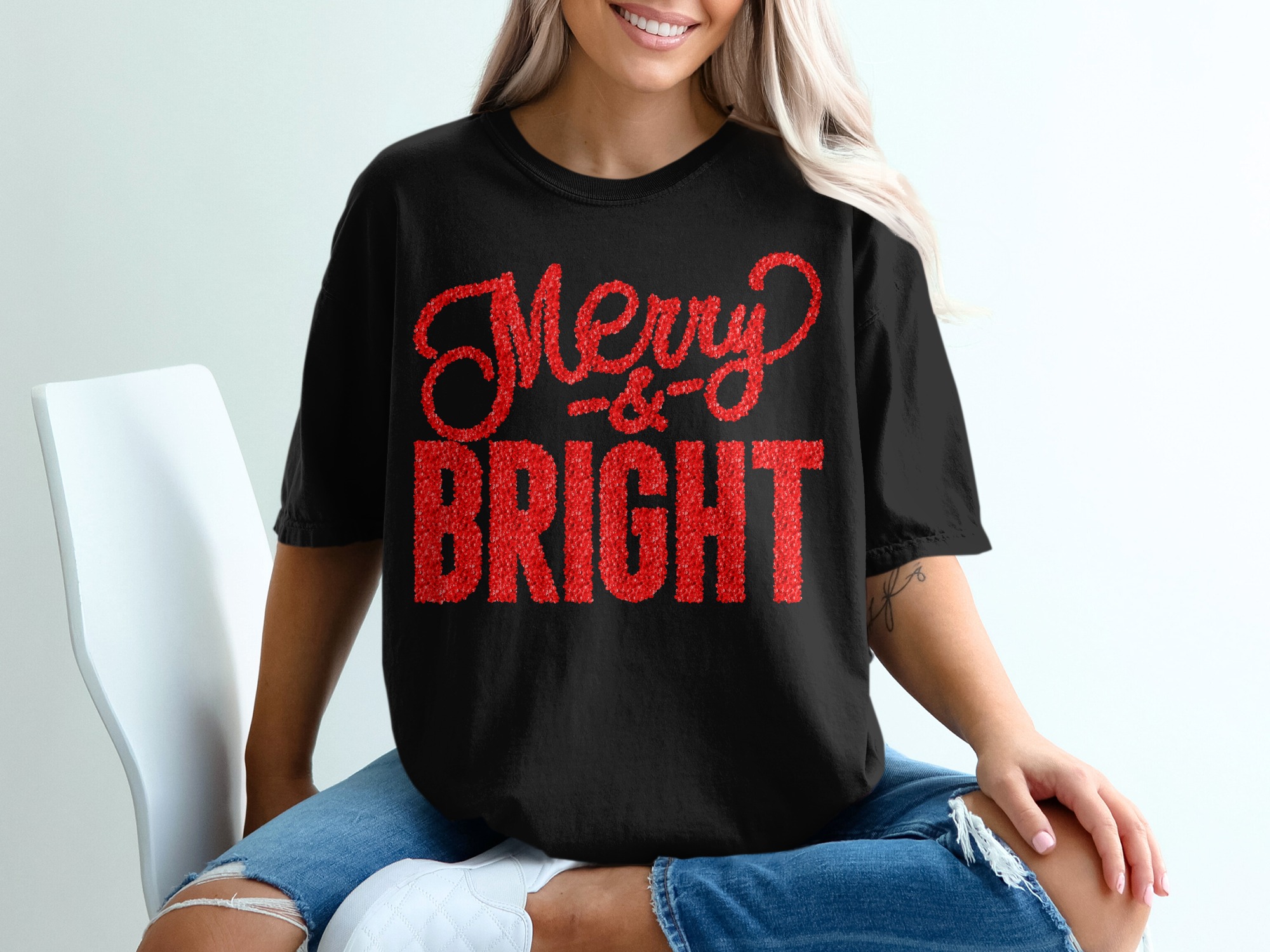 Merry and Bright T-Shirt, Red Sequin Design, Christmas T-Shirt, Holiday Season Apparel, Festive T-Shirt, Christmas Gift Idea - Image 2