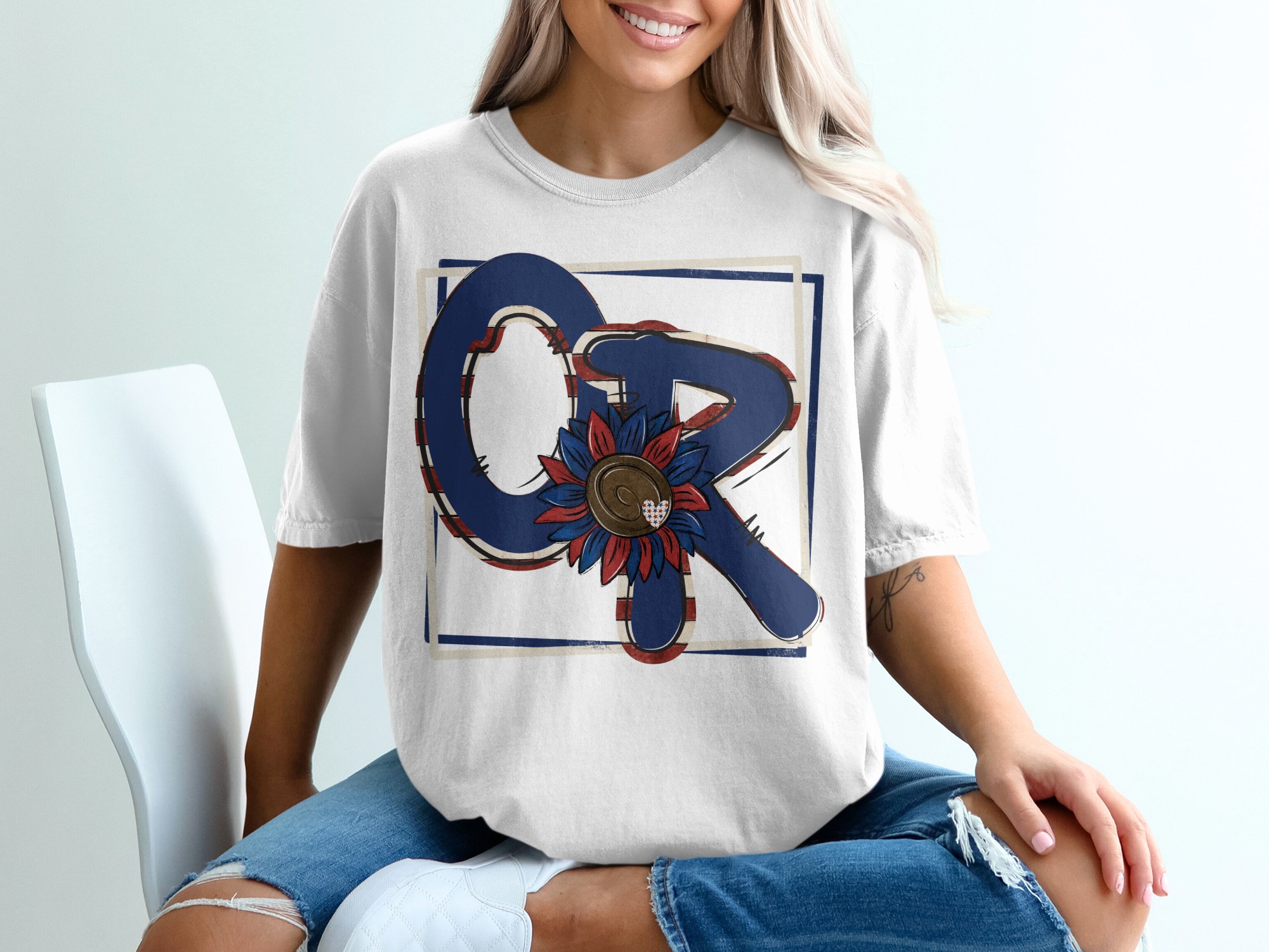 QR T-Shirt, Patriotic Sunflower T-Shirt, Initial T-Shirt, USA Flag T-Shirt, Red White and Blue T-Shirt, American Pride T-Shirt