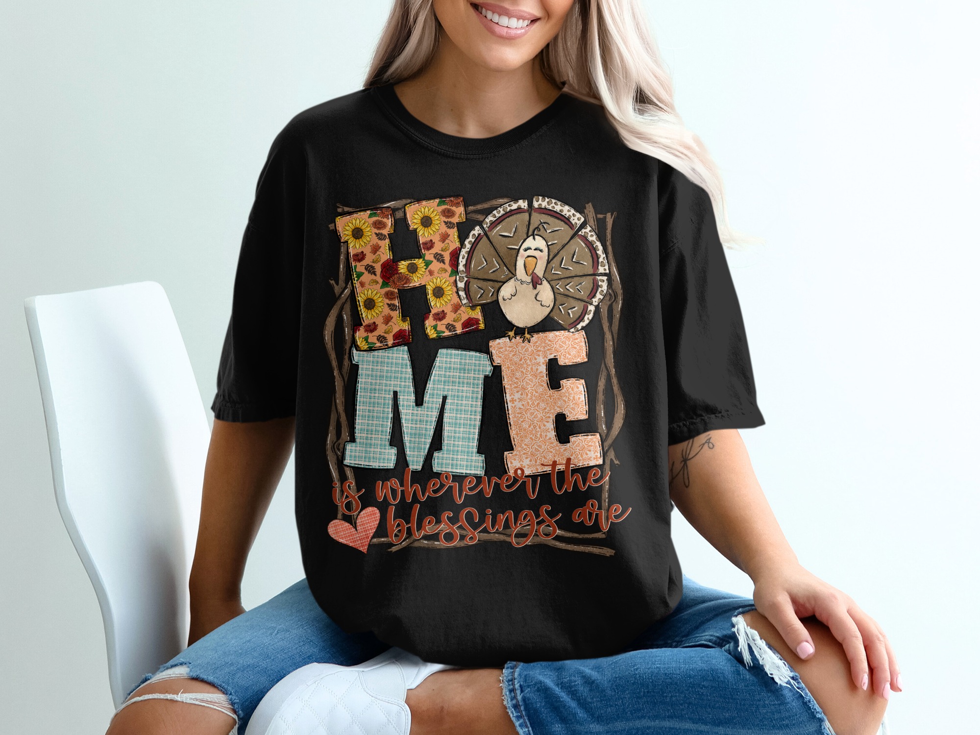 Home Is Where The Blessings Are T-Shirt, Turkey Design, Thanksgiving Shirt, Autumn Apparel, Festive Clothing, Family Gift Tee, Cute Fall - Image 2